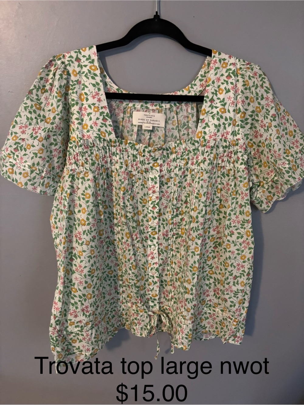 Trovata White Floral Smocked Square-Neck Blouse